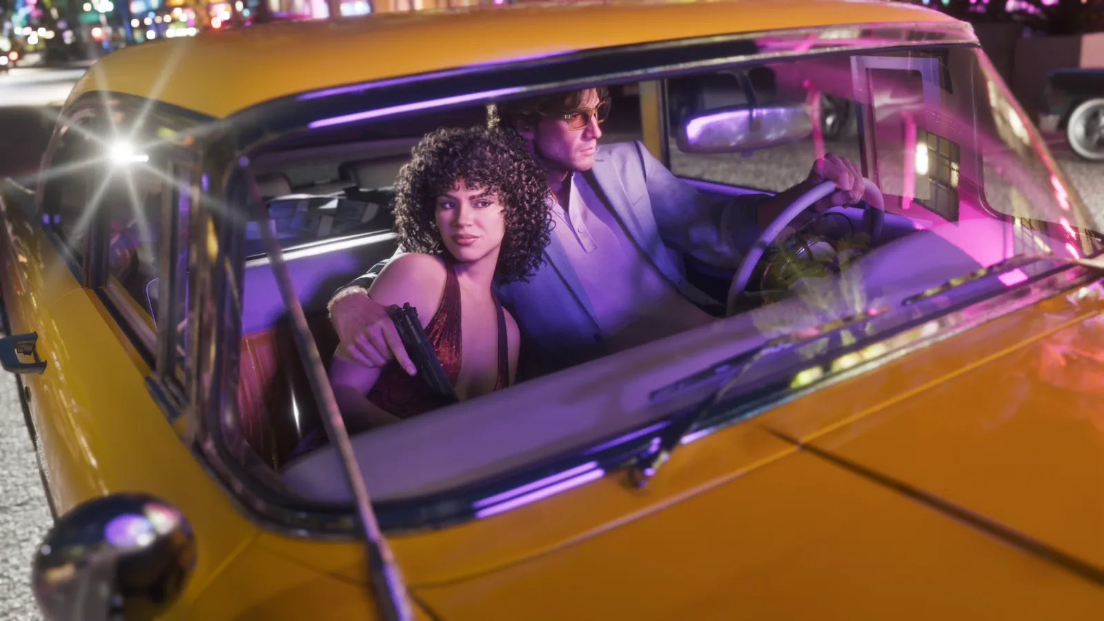 Lucia and Jason with the Vapid Stanier — official Rockstar press art