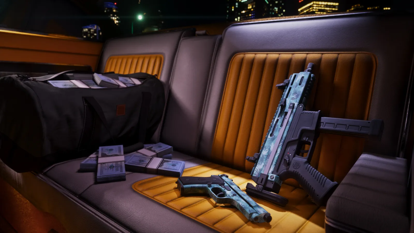 Tommy Vercetti Weapon Pattern on a pistol and a compact SMG — official Rockstar press art